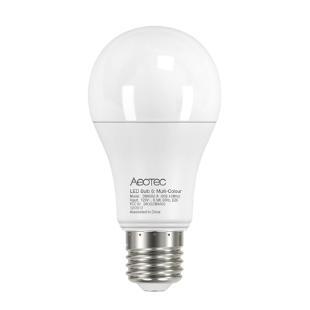 AEOTEC-003 | Aeotec Bulb 6 Multi-Colour LED Bulb (E27). Z-Wave Plus Technology. Turns the light in your home into smart lights. Fits all E27 sockets. Can be connected to the Smart Home gateway via Z-Wave technology. Compatible with all VESTA panels (Z-Wave). Allows you to vary the brightness and colour of the light via remote control, smartphone or tablet. Allows you to define a light ambience according to your wishes. Allows you to use scenes (e.g. in the case of an alarm) to activate a specific light colour.  Offers 16 million dimmable colours. Very low energy consumption compared to conventional bulbs. As bright as a conventional 60W bulb, but consuming only 9.5W. The lifetime of up to 25,000 hours.
