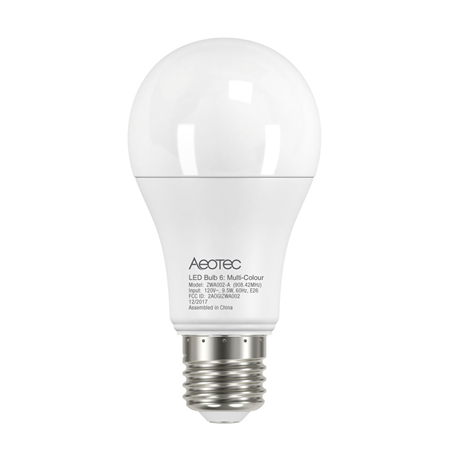 AEOTEC-004 | Bombilla LED Aeotec Bulb 6 Multi-Blanco (E27). Tecnología Z-Wave Plus. Convierte la luz de su hogar en inteligente. Se adapta a todos los portalámparas E27. Se puede conectar a la puerta de entrada de Smart Home a través de la tecnología Z-Wave. Permite variar el brillo y el tono del blanco de la luz a través de control remoto, Smartphone o tableta. Permite definir un ambiente de luz de acuerdo con sus deseos. Permite usar escenas (por ejemplo, en el caso de una alarma) para activar un tono de luz concreto. Consumo de energía muy bajo en comparación con las bombillas convencionales. Brillante como una bombilla convencional de 60W, pero consumiendo solo 9,5W. Vida útil de hasta 25.000 horas.
