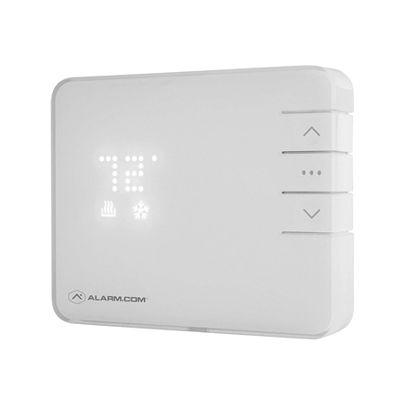ALARM-9 | Smart Alarm.com Thermostat. Z-Wave communications. Connects to the communications module on all Alarm.com-compatible security panels. Support for up to 3 stages of heat. Cooling: 1 and 2 stages (Y, Y2). Heat pump: with auxiliary (O / B, Y, Y2, W, W2). Fan: G Power: (C, RH, RC). Power required: Flexible power options with standard AA batteries or common wire