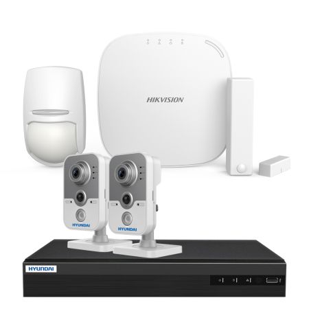 AXHUB-HDCUBE | Kit AXHub de HIKVISION compuesto por: 1x Panel de control de 32 zonas vía radio DS-PWA32HG de la serie AX, 1x detector de doble tecnología vía radio PYRO-72 (KX10DP-WE), 1x contacto magnético vía radio PYRO-48 (MC1MINI-WE), 1x ZVR 5 en 1 de 4 canales con sistema PoC HYU-391, 2x cámaras compactas HDTVI de 2MP con sensor PIR y sistema PoC HYU-483.
