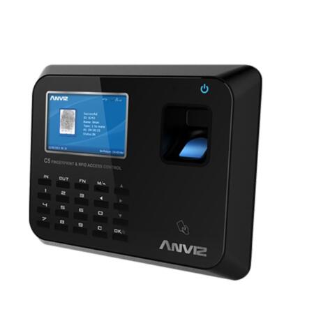 CONAC-653 | Terminal access control and presence - Anviz. Fingerprints, RFID cards and keyboard. 3000 fingerprints / cards, 50000 records. TCP / IP, USB, RS485, RS232. 1 relay output. Wiegand entry / exit 26. 16 self-defined states. 16 access groups, 32 time zones. 6 digit codes. 50 short messages.