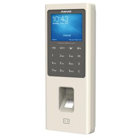 CONAC-772 | Standalone Anviz biometric reader for access and presence control. ID by EM card , fingerprint, password and/or combinations. Keyboard and 2.8" TFT screen. 3.000 fingerprint/cards, 100.000 regs. 8 modes for presence control. TCP/IP, RS485, miniUSB and Wiegand 26. Integrated controller (door sensor, push button, buzzer and relay). Schedule control, turns and cycles. ANVIZ CrossChex software management included.