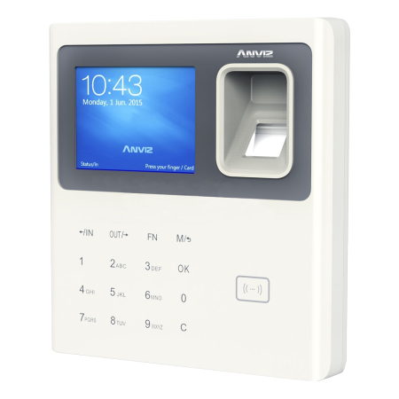 CONAC-779 | Standalone Anviz biometric presence control reader.  ID by Em card, fingerprint, password and/or combinations. 2,8" TFT display and keyboard. 3.000 fingerprint/card and 100.000 regs. 8 customized presence control modes. Control of schedules, shifts and cycles. Voice indications for all operations. TCP/IP, USB Flash. customized message. ANVIZ CrossChex management software included.