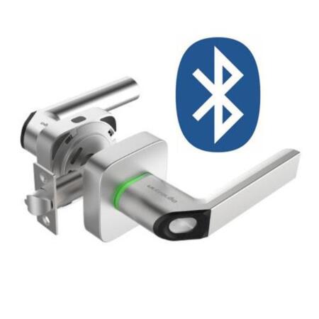 CONAC-801 | Cerradura con lector de huella, RFID y bluetooth. Maneta reversible. Grosor de puerta de 35~44 mm. Hasta 100 usuarios. Funciona con 2 pilas alcalinas AA.