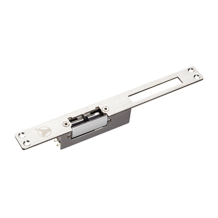 CONAC-859 | Electric door opener with long front plate for wooden, metal and PVC doors. Lockout due to power interruption (Fail Secure). 500kg retention. Aluminum bolt, stainless steel. Tests at 100,000 cycles. High temperature painted artical
