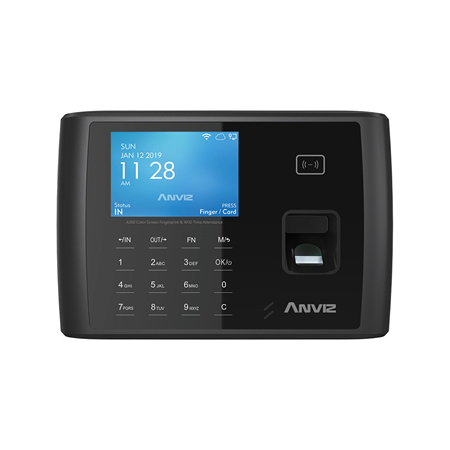 CONAC-864 | Terminal de control de accesos y presencia Anviz. Basado en Linux. Pantalla LCD color de 3,5". Teclado táctil. Sensor óptico de huellas. Lector de tarjetas 125KHz. 3000 usuarios y 100 000 eventos. Servidor web. Conectividad TCP/IP, WiFi, 4G y Bluetooth. 5V CC