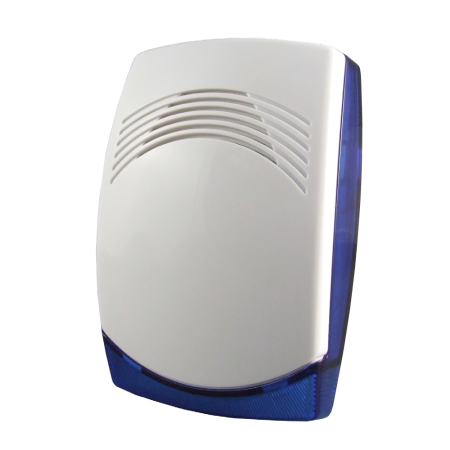 CQR-15 | Low profile piezoelectric siren with two bright LED for indoor use. 112 dB (A) at 1 meter. Selecable alternating or continuous tone. Tamper protected lid and mounting. Polycarbonated case. EN50131 Grade 3, Environmental class II.