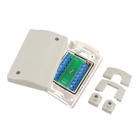 CQR-5 | 12 screw terminal junction box. Box tamper incorporated via micro switch. Accessories included to adapt different types of tubes. White color plastic. Includes sealing gasket. EN50131 Grade 3, Environmental class III.