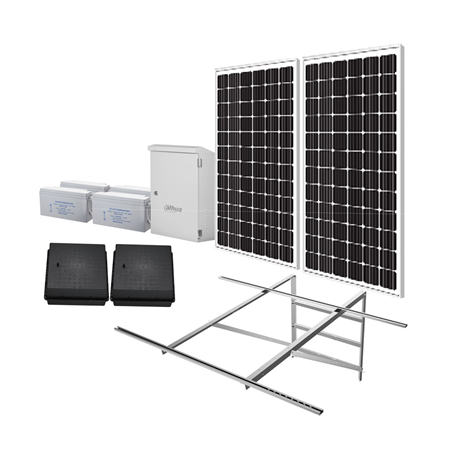 DAHUA-1373N | Kit solar Dahua compuesto de:. 2x paneles solares de 330Wp DAHUA-2968 (PFM371-M330). 1x soporte de montaje DAHUA-1372 (PFM376-D). 1x caja de distribución para suministro de energía solar DAHUA-1369 (PFM377-D4830). 4x baterías de gel de 150Ah DAHUA-1370 (6-CNF-150). 2x cajas para almacenamiento soterrado de baterías DAHUA-1371 (PFM374-H400)