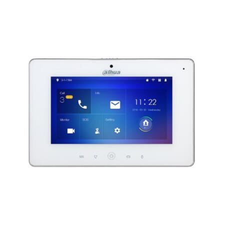 DAHUA-1397N | Monitor IP WiFi SIP a colori da 7 ". Protocolo SIP. Pantalla táctil capacitiva. Operativa mediante botones táctiles. H.264. CMOS 1/4" de 1MP. Óptica de 2,2 mm (105). Incorpora micrófono y altavoz. Integración de 6 zonas de alarmas cableadas y vía radio 433MHz. Capturas de imagen y grabación (requiere tarjeta SD). Ranura MicroSD (no se incluye tarjeta). 1 RS485. 1 salida de alarma. Montaje en superficie. 12V CC. PoE.
