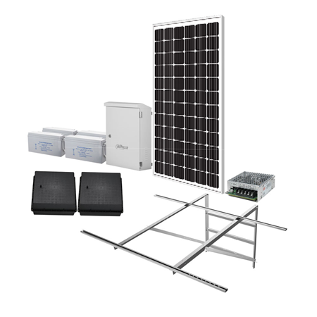 DAHUA-1494N | Kit solar Dahua compuesto de:. 1x panel solar de 330Wp DAHUA-2968 (PFM371-M330). 1x soporte de montaje DAHUA-1372 (PFM376-D). 1x caja de distribución para suministro de energía solar DAHUA-1369 (PFM377-D4830). 4x baterías de gel de 100Ah DAHUA-1495 (6-CNF-100). 2x cajas para almacenamiento soterrado de baterías DAHUA-1371 (PFM374-H400). 1x convertidor CC/CC regulado DEM-1313