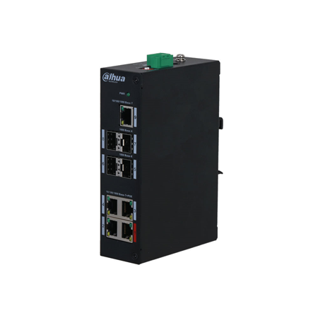 DAHUA-1758N | Switch Dahua no gestionable de gama industrial. 4 RJ45 Gigabit PoE/PoE+/Hi-PoE/PoEbt. 4 SFP uplink Gigabit. 1 RJ45 Uplink Gigabit. Transmisión PoE hasta 250 metros. Temperatura de funcionamiento extendida. 48V CC.