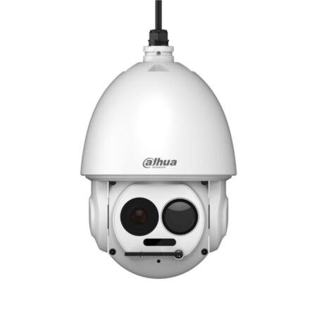 DAHUA-1862 | Domo motorizado térmico+visible Dahua de 200°/seg. con iluminación IR 100m para exterior. Cámara térmica con resolucion 640 x 512, lente térmica de 50 mm. Deteccion de personas hasta 1471 metros y de vehículos hasta 3268 metros. Cámara visible con CMOS 1/2,8 Sony de 2 megapíxeles. Zoom óptico 45X de 3,95 ~ 177,7 mm. Autotracking y detección inteligente (IVS). Detección de fuego y alarma. Salida de video BNC. 300 presets DH-SD/Pelco-P/D. 1 entrada / 1 salida de audio. 7 entradas / 2 salidas de alarma. Puerto RS485. Ranura MicroSD. Onvif, API. IP66. 24V CA. Incluye soporte de pared y alimentador
