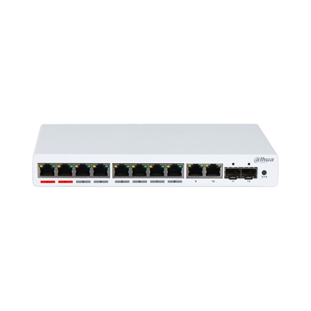 DAHUA-2024N | Switch Dahua Gestionable (L2) de 12 puertos Gigabit, 8 de ellos PoE. Los puertos PoE 1 y 2 admiten 60W. Redundancia de red: STP/RSTP/MSTP. Gestión de red basada en SNMP.
