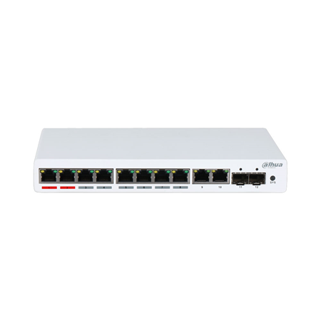 DAHUA-2024N | Switch Dahua Gestionable (L2) de 12 puertos Gigabit, 8 de ellos PoE. Los puertos PoE 1 y 2 admiten 60W. Redundancia de red: STP/RSTP/MSTP. Gestión de red basada en SNMP.