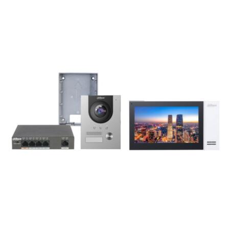 DAHUA-2095 | Kit de videoportero IP compuesto por: x1 Estacion de videoportero IP DAHUA-2029 (VTO2202F-P), x1 Caja de superficie DAHUA-2096 (VTM115), x1 Monitor IP SIP DAHUA-2031 (VTH2421FW-P), x1 Switch PoE DAHUA-1789 (PFS3005-4ET-60).