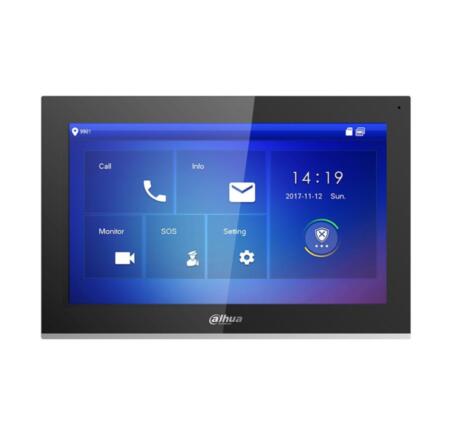 DAHUA-2098 | 10” Dahua SIP color monitor for indoors. Capacitive touchscreen (1024x600). H.264. G.711. Microphone incorporated. 2 way audio. Alarm integration. Alarm: 6 in / 1 out. Embedded SD card of 8GB. 1 RJ45. Surface mount. 12V DC. PoE.