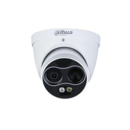 DAHUA-2206 | Domo térmico + visible con iluminación IR de 30 m, para exterior. Cámara visible con CMOS 1/2,7 de 4 megapíxeles. Óptica visible de 4 mm. Cámara térmica con resolucion 256 x 192, lente térmica de 3,5 mm. Deteccion de personas hasta 146 metros y de vehículos hasta 389 metros. AWB, BLC, HLC, WDR digital, Ultra DNR, zonas ROI, videosensor y máscaras de privacidad. Detección inteligente (IVS). 1 entrada / 1 salida de audio. 1 entrada / 1 salida de alarma. Puerto RS485. Ranura MicroSD. Lightning-proof 6KV. IP67. 12V CC. PoE