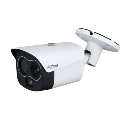 DAHUA-2209N | Dahua WizSense thermal + visible camera. Thermal resolution 256x192. Detect people up to 292m. Detect vehicles up to 778m. Thermal focal length: 7mm (24°x18°). Viewable focal length: 8mm (33.4°x25°). ICR, 0.05/0.005 lux, IR 30m. Digital WDR, 2D/3D-NR, ROI. 1 input / 1 audio output. 1 input / 1 alarm output. Smart connection with strobe light and audio. microSD, IP67, PoE