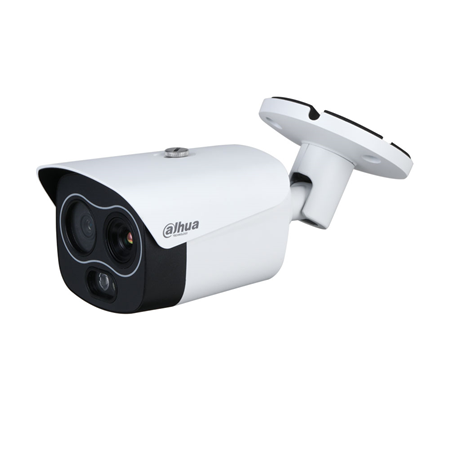 DAHUA-2209N | Cámara térmica + visible Dahua WizSense. Resolución térmica 256x192. Detecta personas hasta 292m. Detecta vehículos hasta 778m. Distancia focal térmica: 7mm (24°x18°). Distancia focal visible: 8mm (33,4°x25°). ICR, 0,05/0,005 lux, IR 30m. WDR digital, 2D/3D-NR, ROI. 1 entrada / 1 salida de audio. 1 entrada / 1 salida de alarma. Conexión inteligente con luz estroboscópica y audio. MicroSD, IP67, PoE