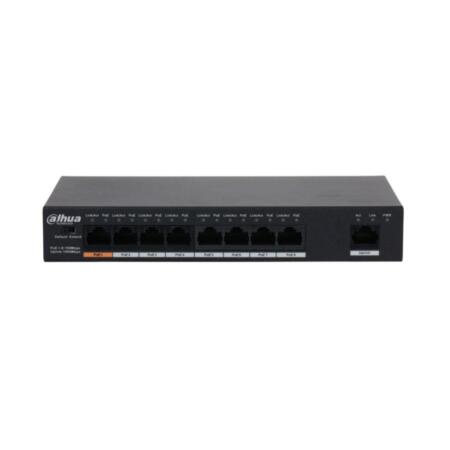 DAHUA-2256 | Commercial-grade unmanaged L2 PoE switch (maximum 96W) with 8 Fast Ethernet PoE ports + 1 Gigabit Ethernet port. 53V DC.