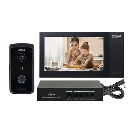 DAHUA-2649 | IP video door entry kit consisting of: x1 DAHUA-2648 SIP IP video door phone station (VTO2111D-P-S2), x1 DAHUA-2099 SIP IP monitor (VTH2421FB-P), x1 DAHUA-2129 PoE switch (PFS3005-4ET-36) .