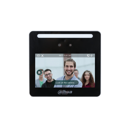 DAHUA-2668 | Terminal biométrico Dahua de control de accesos con reconocimiento facial. Pantalla táctil IPS de 4,3" con una resolución de 480 x 272. Doble lente de gran angular de 2 megapíxeles, luz blanca y luz infrarroja. Soporte de desbloqueo mediante el rostro, tarjeta y contraseña, desbloqueo por periodos. Los datos de usuario se pueden almacenar en el controlador de acceso; puede contener 1500 imágenes faciales y trabajar sin red. La distancia de reconocimiento facial es de entre 0,3 ~ 1,5 metros. Precisión de verificación facial> 99,5%. Velocidad de comparación facial ≤0,3s por persona.Baja tasa de falsos reconocimientos. Soporta detección de vitalidad