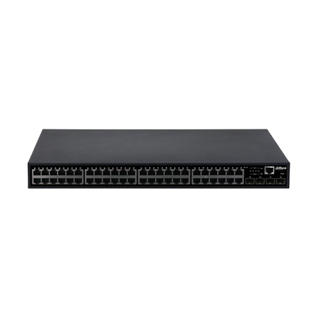 DAHUA-2763 | Dahua L2+ Manageable PoE Switch. 48 Gigabit PoE ports. 4 combo ports (RJ45/SFP). PoE power consumption up to 400W. Supports IEEE802.3af and IEEE802.3at standards. 16K MAC address capability supports static routes, performing Layer 3 forwarding for network data. Supports virtual stack, virtualizing multiple switches into one to improve reliability and simplify configuration and management. Supports 10 Gbps uplink with 4 ports, enabling large data transmission without delay. Supports multiple management types.