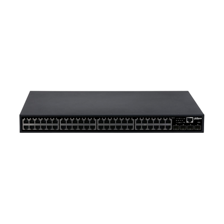 DAHUA-2763 | Switch PoE gestionable L2+ de Dahua. 48 puertos PoE Gigabit. 4 puertos combo (RJ45/SFP). Consumo PoE de hasta 400W. Soporta estándares IEEE802.3af y IEEE802.3at. Capacidad de direcciones MAC de 16KAdmite rutas estáticas, realizando el reenvío de capa 3 para datos de red. Admite pila virtual, virtualizando varios conmutadores en uno para mejorar la fiabilidad y simplificar la configuración y la gestión. Admite enlace ascendente de 10 Gbps con 4 puertos, lo que permite la transmisión de datos grandes sin retrasos. Admite varios tipos de gestión.
