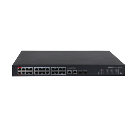 DAHUA-2764 | Switch PoE no gestionable L2 de Dahua. 24 puertos PoE Gigabit. 2 puertos Uplink RJ45 Gigabit. 2 puertos SFP Gigabit. PoE inteligente. El puerto rojo admite BT 90W. Consumo PoE de hasta 360W. Full Gigabit. Transmisión suave. Soporta estándares IEEE802.3af, IEEE802.3at, Hi-PoE y IEEE802.3bt. Transmisión suave. Capacidad de direcciones MAC de 8K. Plug&Play