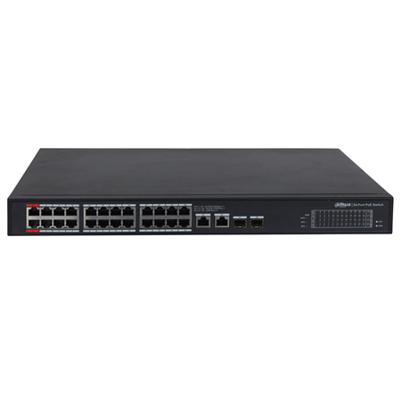DAHUA-2764N | Dahua L2 Unmanaged PoE Switch. 24 Gigabit PoE ports. 2 Gigabit Uplink RJ45 ports. 2 Gigabit SFP ports. PoE consumption of 360W. Plug&Play. 220V AC