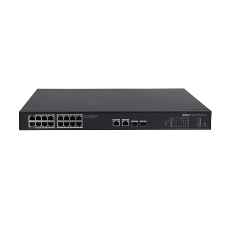 DAHUA-2765 | Dahua L2 unmanageable PoE switch. 24 Gigabit PoE ports. 2 Gigabit RJ45 Uplink ports. 2 Gigabit SFP ports. Smart PoE. The red port supports BT 90W. PoE consumption up to 240W. Full Gigabit. Smooth transmission. It supports IEEE802.3af, IEEE802.3at, Hi-PoE and IEEE802.3bt standards. Smooth transmission. 8K MAC address capacity. Plug & Play