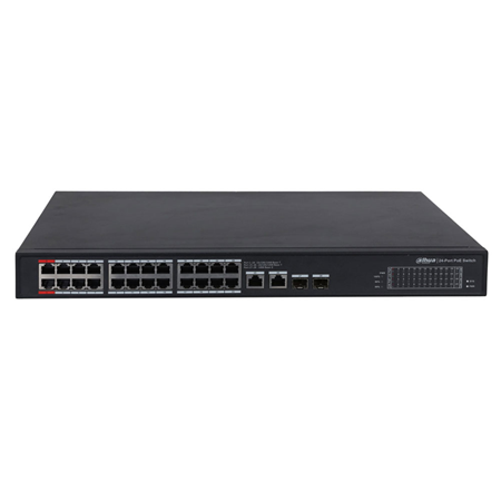 DAHUA-2765N | Switch PoE Dahua no gestionable L2. 24 PoE Gigabit + 2 SFP Gigabit + 2 RJ45 Gigabit. Capacidad de direcciones MAC de 8K. Los puertos PoE 1 y 2 admiten 90W. Consumo PoE total de hasta 240W. 220V CA