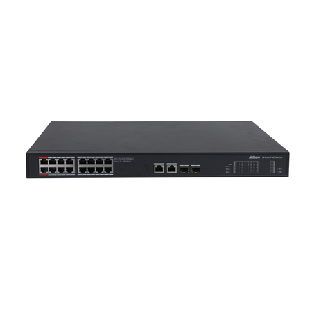 DAHUA-2766 | Switch PoE no gestionable L2 de Dahua. 16 puertos PoE Gigabit. 2 puertos Uplink RJ45 Gigabit. 2 puertos SFP Gigabit. PoE inteligente. El puerto rojo admite BT 90W. Consumo PoE de hasta 240W. Full Gigabit. Transmisión suave. Soporta estándares IEEE802.3af, IEEE802.3at, Hi-PoE y IEEE802.3bt. Transmisión suave. Capacidad de direcciones MAC de 8K. Plug&Play