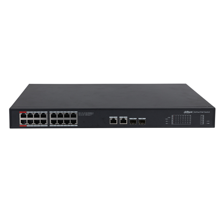 DAHUA-2766N | Switch PoE Dahua no gestionable L2. 16 PoE Gigabit + 2 SFP Gigabit + 2 RJ45 Gigabit. Capacidad de direcciones MAC de 8K. Los puertos PoE 1 y 2 admiten 90W. Consumo PoE total de hasta 240W. 220V CA