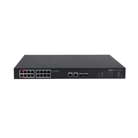 DAHUA-2767 | Dahua L2 unmanageable PoE switch. 16 Gigabit PoE ports. 2 Gigabit RJ45 Uplink ports. 2 Gigabit SFP ports. Smart PoE. The red port supports BT 90W. PoE consumption up to 190W. Full Gigabit. Smooth transmission. It supports IEEE802.3af, IEEE802.3at, Hi-PoE and IEEE802.3bt standards. Smooth transmission. 8K MAC address capacity. Plug & Play