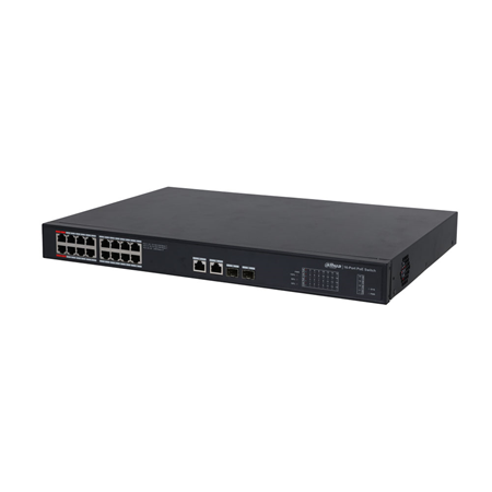DAHUA-2767N | Dahua L2 unmanageable PoE switch. 16 Gigabit PoE ports. 2 Gigabit RJ45 Uplink ports. 2 Gigabit SFP ports. Smart PoE. The red port supports BT 90W. PoE consumption up to 190W. Full Gigabit. Smooth transmission. It supports IEEE802.3af, IEEE802.3at, Hi-PoE and IEEE802.3bt standards. Smooth transmission. 8K MAC address capacity. Plug & Play