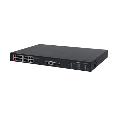 DAHUA-2767N | Switch PoE no gestionable L2 Dahua. 16 puertos PoE Gigabit. 2 puertos RJ45 Uplink Gigabit. 2 puertos SFP Uplink Gigabit. Consumo PoE de 190W. Plug&Play. 220V CA
