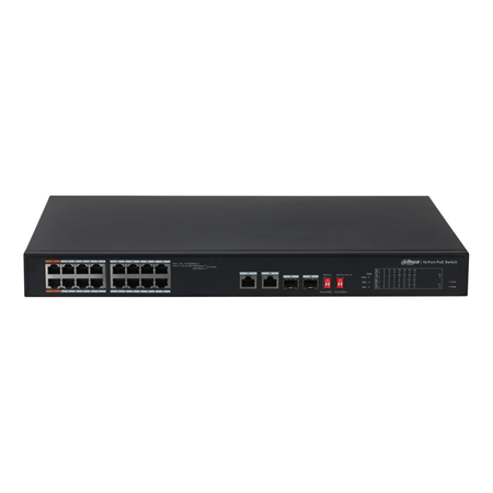 DAHUA-2842 | Dahua L2 unmanageable PoE switch. 16 PoE Fast Ethernet ports. 2 Gigabit RJ45 Uplink ports. 2 SFP Combo Gigabit ports. Smart PoE. PoE Watchdog. PoE consumption up to 135W. Smooth transmission. It supports IEEE802.3af, IEEE802.3at, Hi-PoE standards. Smooth transmission. 8K MAC address capacity. Plug & Play
