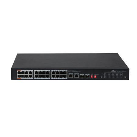 DAHUA-2843 | Dahua L2 unmanageable PoE switch. 24 PoE Fast Ethernet ports. 2 Gigabit RJ45 Uplink ports. 2 SFP Combo Gigabit ports. Smart PoE. PoE Watchdog. PoE consumption up to 240W. Smooth transmission. It supports IEEE802.3af, IEEE802.3at, Hi-PoE and IEEE802.3bt standards. Smooth transmission. 8K MAC address capacity. Plug & Play