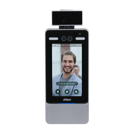 DAHUA-2905 | Dahua biometric access control terminal with identification by facial recognition, IC card, password and combinations. 7 "LCD touch screen with 600 x 1024 resolution. 2 megapixel CMOS with WDR. Auto fill light against light pollution. Face unlock support, IC card, password and combinations. Up to 50,000 users, 50,000 facial images , 50,000 cards, 50,000 passwords. Up to 50 administrators. Registration of up to 100,000 events. Priority facial recognition of the largest face among the faces presented simultaneously (configurable size via web). Facial recognition distance between 0.3 ~ 2 meters and range height between 0.9 ~ 2.4 meters. Can recognize more than 360 positions of human face. Facial comparison speed ≤0.35s. Vitality detection. Accurate recognition in backlight and front light. Various modes of Unlock status display protect user privacy Allows you to enable / disable the temperature monitoring mode Temperature monitoring range 30 ° C ~ 4 5 ° C. 0.3 ~ 1.5m temperature monitoring distance range. Temperature control precision of ≤0.1 ° C. Reports temperature anomaly alarm. Supports mask detection and abnormality alarm in case of not detecting the mask. Supports duress alarm, tampering alarm, intrusion alarm, door close timeout alarm, and illegal card alarm exceeding the threshold. Supports General Users, Patrol Users, VIP Users, Guest Users, and Special Users