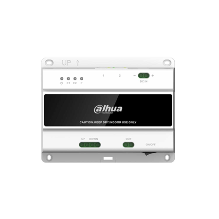 DAHUA-2924 | Dahua 2-wire switch for S2 equipment. Supports 10-level cascade through the 2-wire port. Supports connection to 20 indoor monitors and 2 video door stations. Supports connection via RJ45 port.
