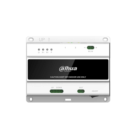 DAHUA-2924 | Dahua 2-wire switch for S2 equipment. Supports 10-level cascade through the 2-wire port. Supports connection to 20 indoor monitors and 2 video door stations. Supports connection via RJ45 port.