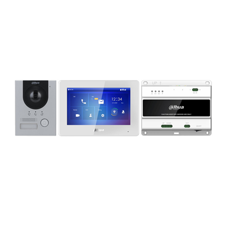 DAHUA-2971 | Kit de videoportero IP 2 hilos compuesto por: x1 Estacion de videoportero 2 hilos IP SIP DAHUA-2930 (VTO2202F-P-S2), x1 Monitor IP VTH5422HW, 1x Switch a 2 hilos DAHUA-2924 (VTNS2003B-2)
