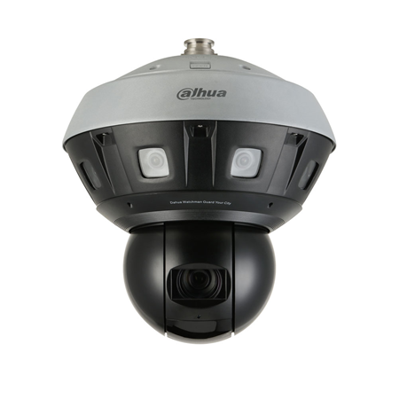 DAHUA-2972 | Dahua STARLIGHT 240°/sec. panoramic IP motorized dome with four 5mm fixed lens cameras + one 40X optical zoom PTZ camera with Smart IR 400m for outdoor use. 4 megapixels 1/1.8" CMOS sensor for the PTZ dome, 4 x 2MP 1/1.8" CMOS for the fixed cameras. Triple Stream. H.265/H.264/MJPEG format. ICR filter. AWB, AGC, BLC, HLC, 120dB real WDR, 3D-NR, defog, EIS, videosensor, privacy masks, ROI zones. Intelligent detection (IVS). 300 presets. 2 audio inputs / 2 audio outputs. 7 alarm inputs / 3 alarm outputs. MicroSD slot. Onvif, CGI, Milestone. IP66. 37V DC