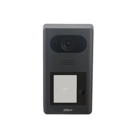 DAHUA-2995 | 1-button SIP Dahua video door entry station suitable for outdoor use. Aluminum alloy shell. -30 ° C ~ + 60 ° C operating temperature. Degree of protection IP65 (requires silicone sealing). IK08 vandal protection. IR illumination and night vision. Unlocking by card, unlocking by APP and unlocking from indoor monitors. Two-way audio and voice call through the app. Capacity of up to 10,000 cards. Sabotage alarm. Supports standard PoE. Control two locks