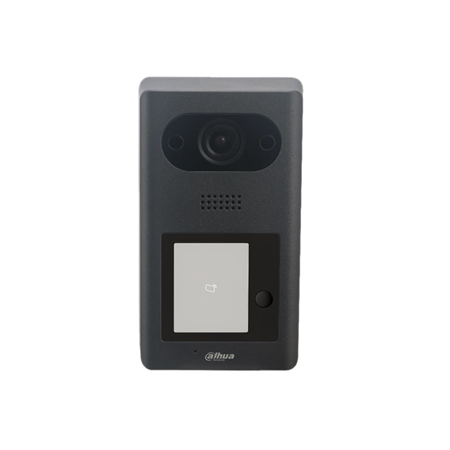 DAHUA-2995 | Estación de videoportero SIP Dahua de 1 botón apta para exterior. Carcasa de aleación de aluminio. Temperatura de funcionamiento de -30°C ~ +60°C. Grado de protección IP65 (requiere sellado de silicona). Protección antivandálica IK08. Iluminación IR y visión nocturna. Desbloqueo por tarjeta, desbloqueo por APP y desbloqueo desde monitores interiores. Llamada de voz y audio bidireccional a través de la aplicación. Capacidad de hasta 10.000 tarjetas. Alarma de sabotaje. Admite PoE estándar. Controla dos cerraduras
