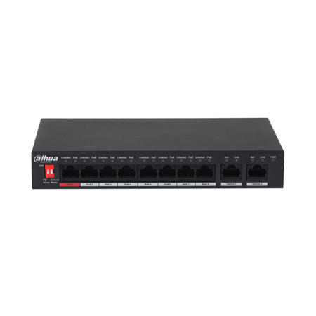 DAHUA-3028 | Switch comercial no gestionable de 8 puertos Fast Ethernet PoE + 2 puertos Ethernet Gigabit. PoE inteligente. Fuente de alimentación PoE de 8 pines. PoE de larga distancia. Watchdog PoE. Modo CCTV hasta 250 metros. 48V ~ 57V CC