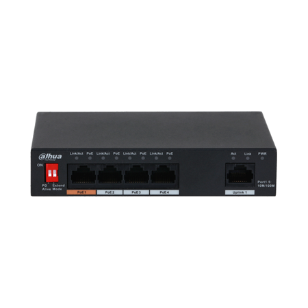 DAHUA-3029 | Switch comercial no gestionable de 4 puertos Fast Ethernet PoE + 1 puerto RJ45 Fast Ethernet. PoE inteligente. Admite Hi-PoE (60W). Fuente de alimentación PoE de 8 pines. PoE de larga distancia. Watchdog PoE. Modo CCTV hasta 250 metros. 48V ~ 57V CC