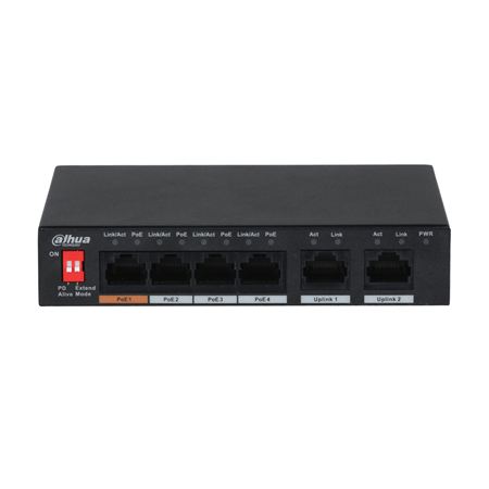DAHUA-3030 | Switch comercial no gestionable de 4 puertos Fast Ethernet PoE + 2 puertos RJ45 Fast Ethernet. PoE inteligente. Admite Hi-PoE (60W). Fuente de alimentación PoE de 8 pines. PoE de larga distancia. Watchdog PoE. Modo CCTV hasta 250 metros. 53V CC